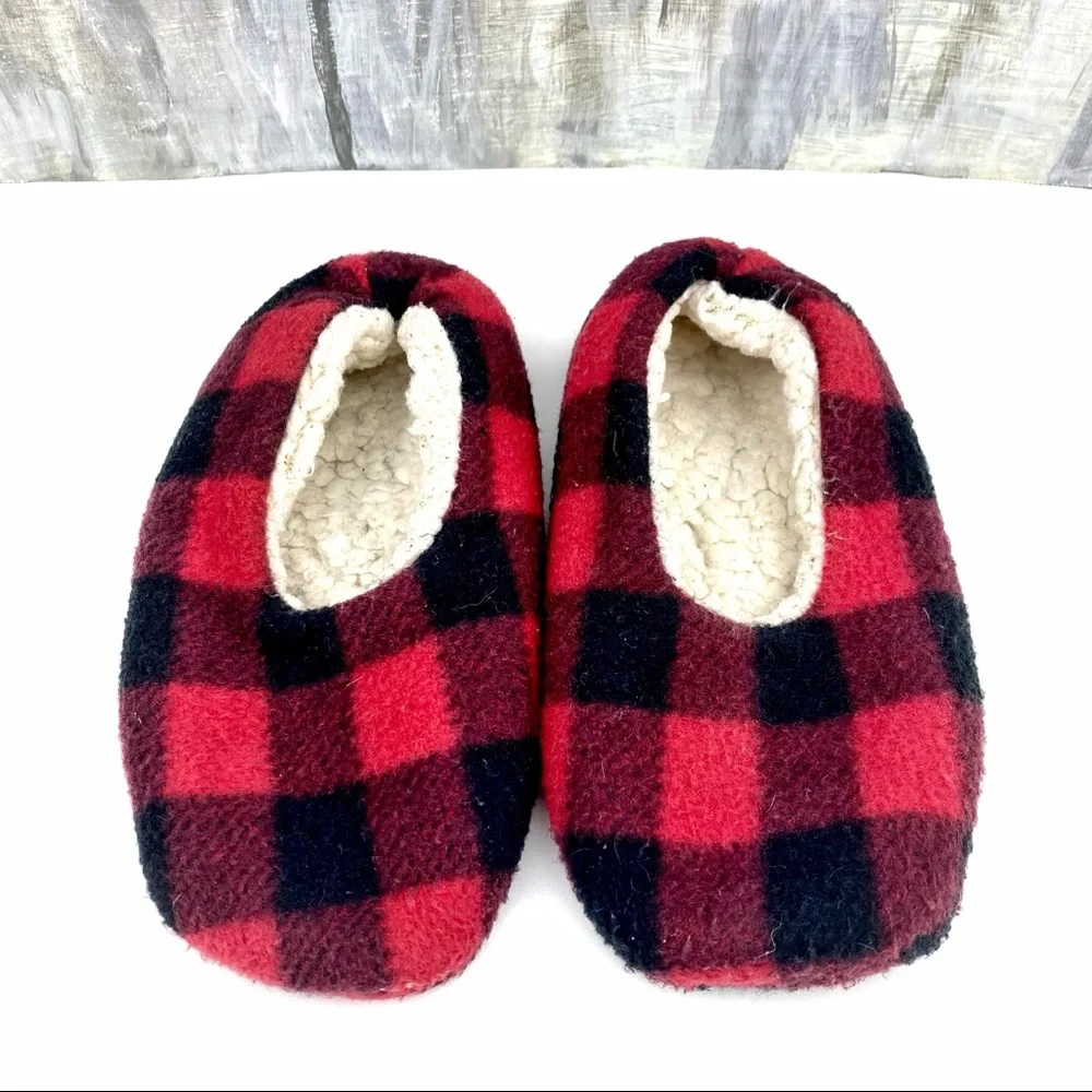 Buffalo Check Plaid Flannel Slippers Sherpa-Lined Rubber Grip Bottom House Shoe